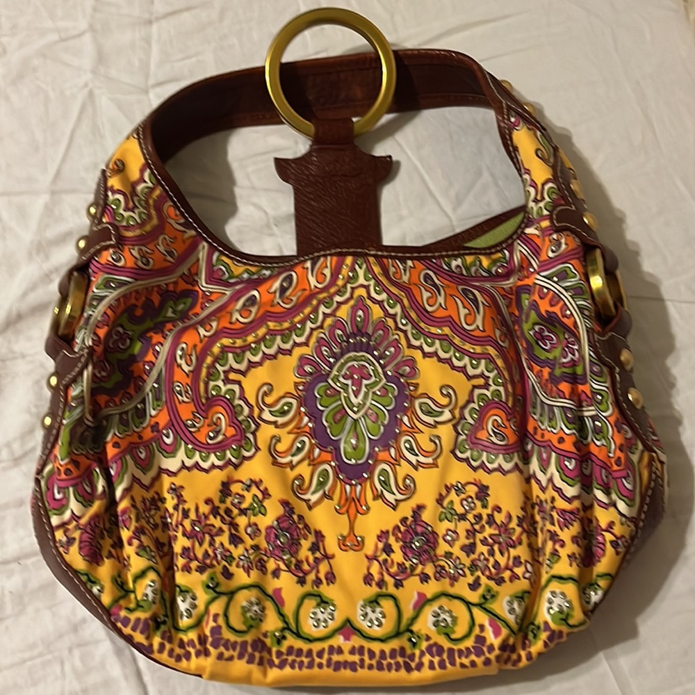 Isabella Fiore Cheerful Fabric and Leather Brass Studded Baguette Shoulder Bag - Picture 3 of 16